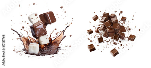 Tela liquid chocolate and bonbons burst explosion splash in the air