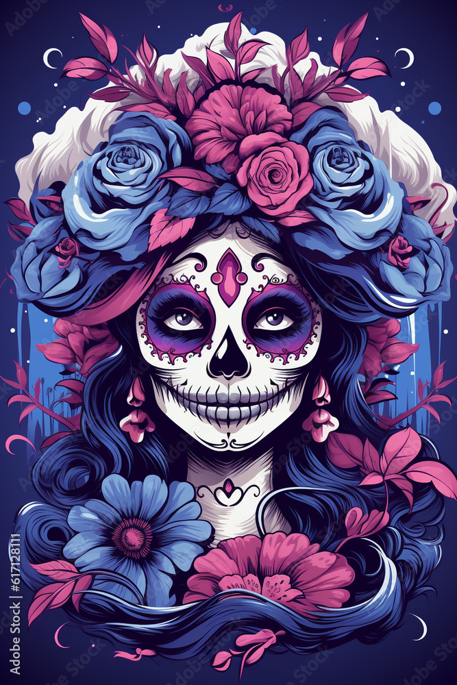 La Catrina dia de muertos Figur mit Maske / Make-up. Dekoriert mit Blumen. Tag der Toten in Mexico. Hochkant. Hochformat. Generative Ai. La Catrina dia de muertos Figur mit Maske / Make-up. Dekoriert mit Blumen. Tag der Toten in Mexico. Hochkant. Hochformat. Generative Ai.