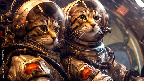 realism astronaut cyborg steampunk cats in space suit, space, moon, generative ai.