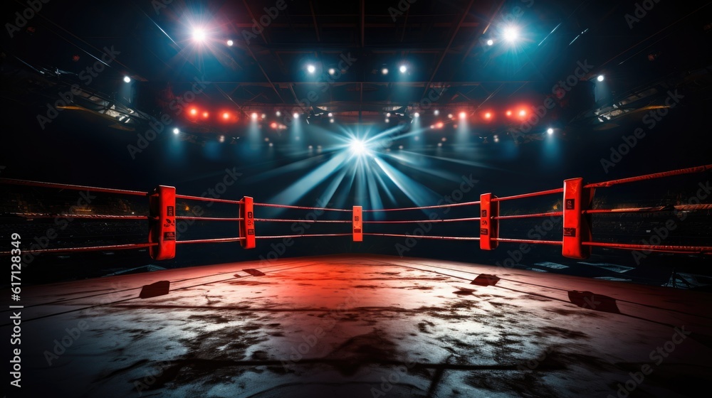 Boxing ring with illumination by spotlights.