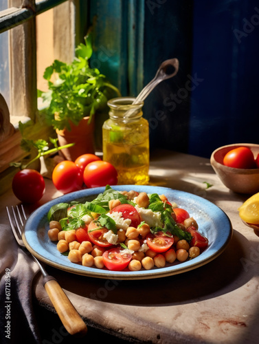 Fresh mediterranean chickpea salad with tomatoes on blue plate on table, ai generated