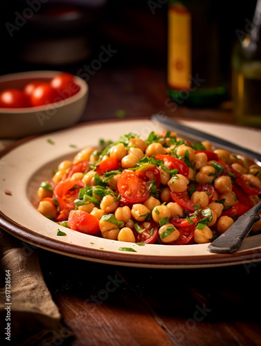 Fresh meditterane chickpea salad with tomatoes on white plate on table, ai generated