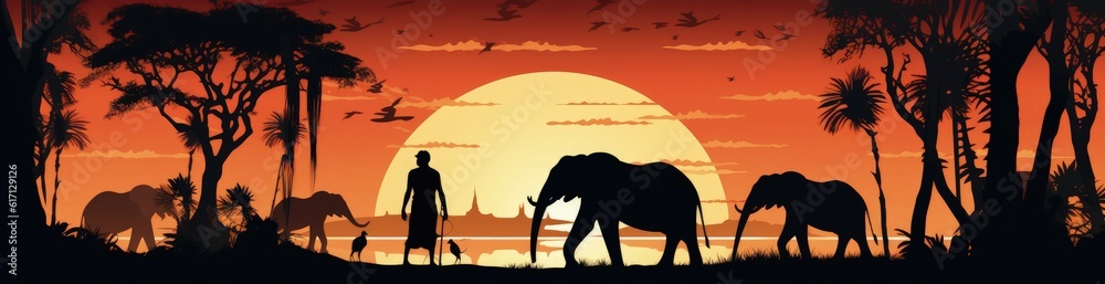 Fototapeta premium African savannah landscape with sunset, culture and nature concept. Generative AI