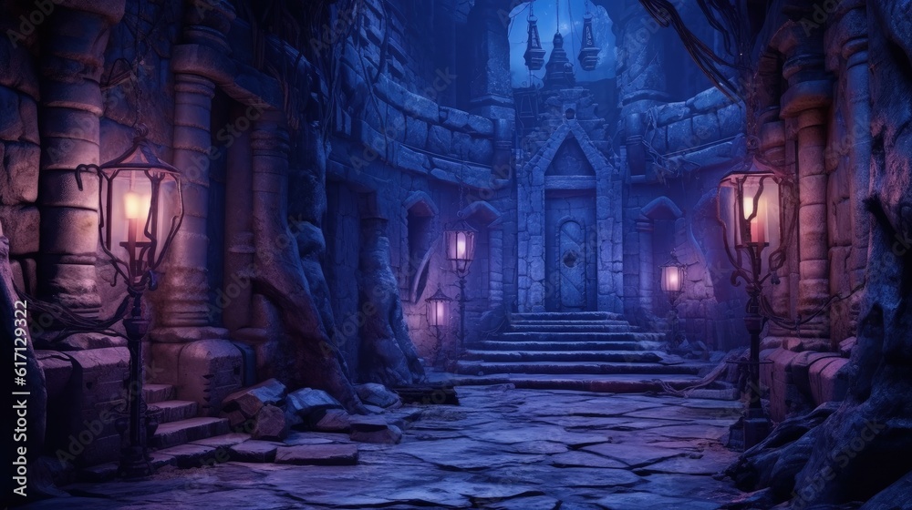 Interior of a medieval castle, game scene, shades of purple, fantasy concept. Generative AI Interior of a medieval castle, game scene, shades of purple, fantasy concept. Generative AI