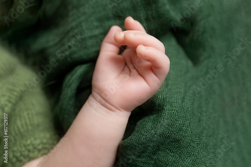 cute newborn baby. children's hands. newborn's hand. feet on green background