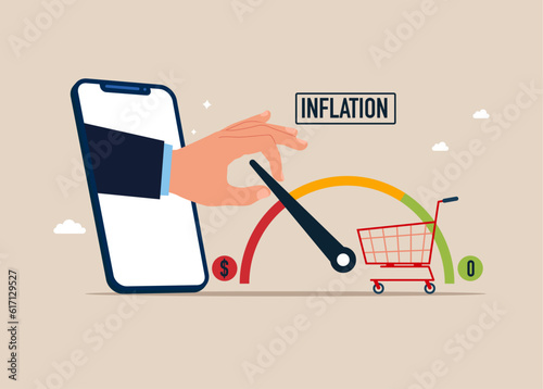 Through the smartphone trying to keep meter from maximum values, regulates rising inflation. Flat vector illustration