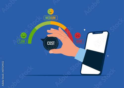Through the smartphone  turning cost dial to a low. Flat vector illustration