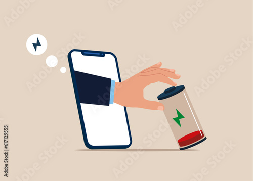Through the smartphone tried to prevent a large battery from falling over it. Fight burnout at work. Recharge energy yourself. Flat vector illustration