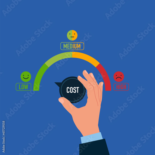 Businessman hand turning cost dial to a low. Cost cutting and efficiency concept.  Flat vector illustration