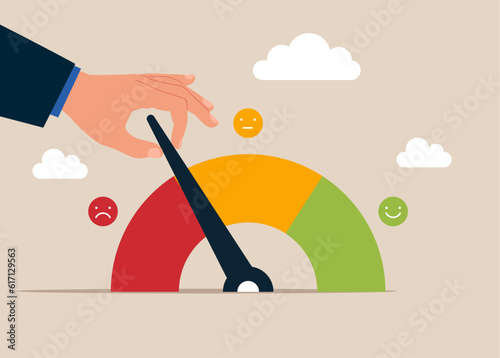 Businessman pull the arrow to make rating gauge to be excellent. Performance rating or quality control and improvement. Flat vector illustration