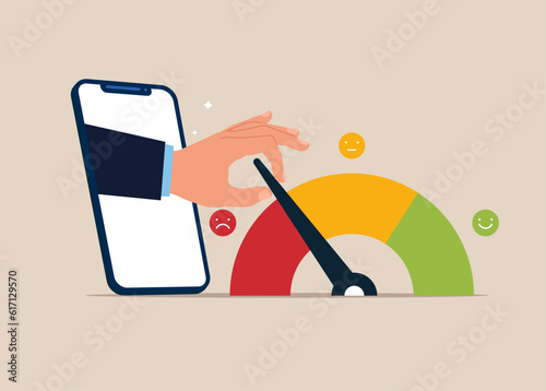 Through the smartphone pull the arrow to make rating gauge to be excellent. Performance rating or customer feedback. Flat vector illustration