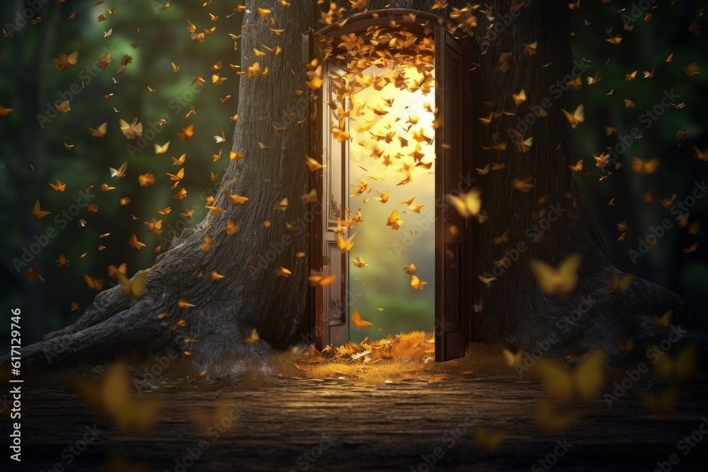 Magic door in the middle of the forest, concept of fantasy and dreams, digital illustration. Generative AI