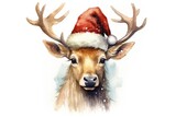Reindeer with Santa hat, christmas concept, digital illustration. Generative AI