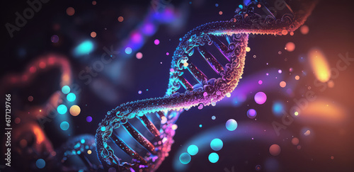 Helix, model of human DNA on futuristic digital illustration background. Post-processed generative AI