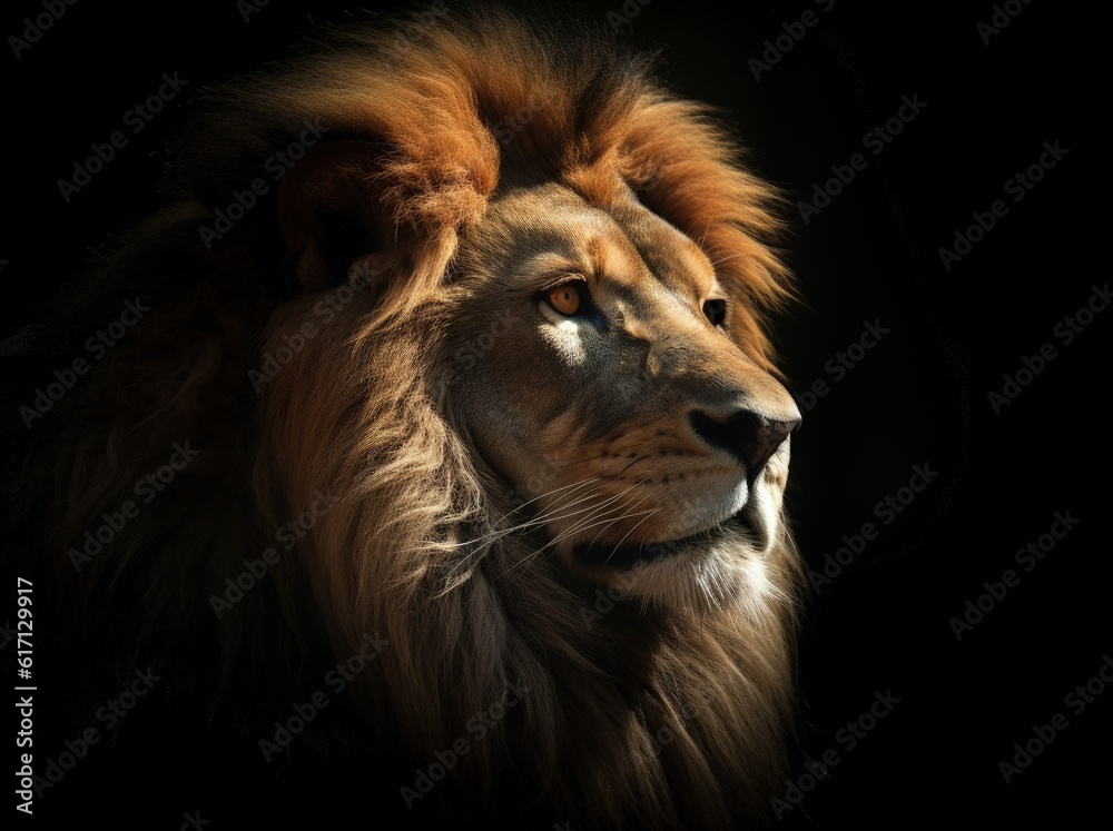 Naklejka premium Imposing lion on black background, digital illustration. Generative AI