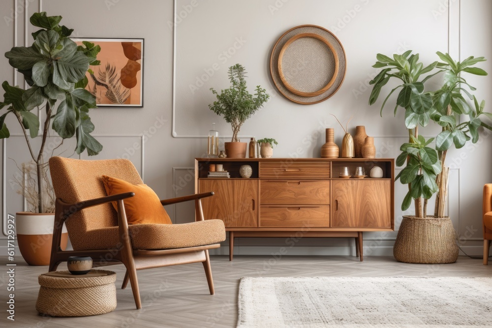 Fototapeta premium Living room in modern retro style with wooden vintage commode, furniture, light, plant, carpet, pillows, mock up gold poster frame, plants, decoration, and personal items. Generative AI