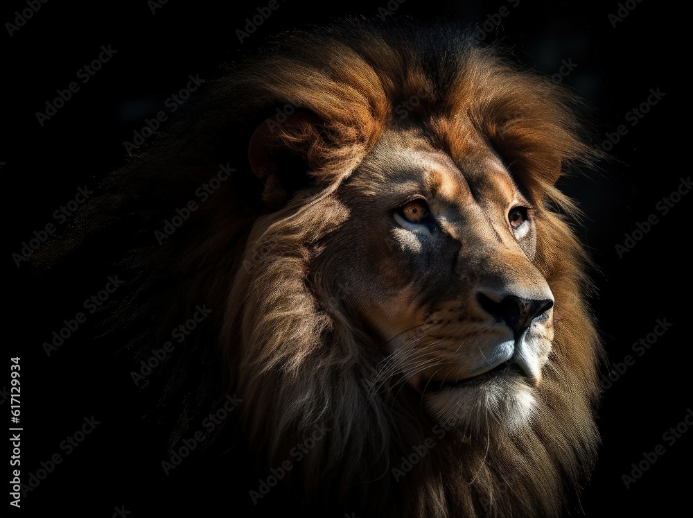 Imposing lion on black background, digital illustration. Generative AI