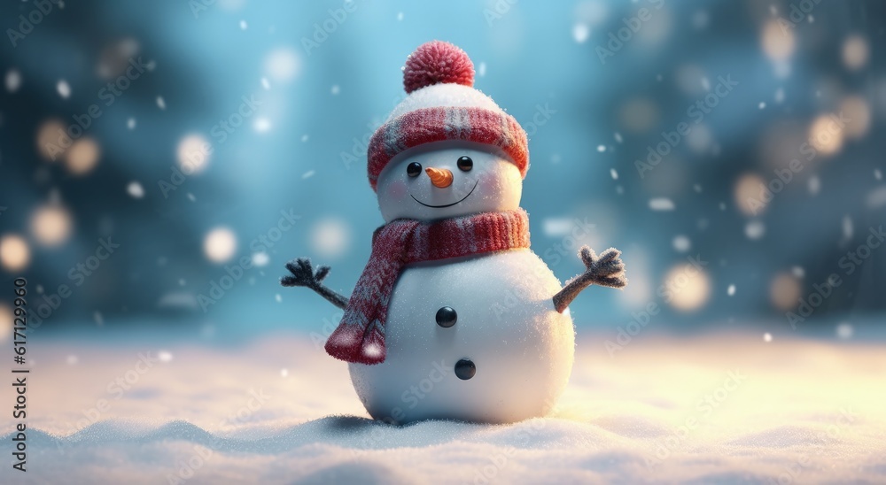 Fototapeta premium Snowman with hat and scarf, christmas concept, bokeh background. Generative AI