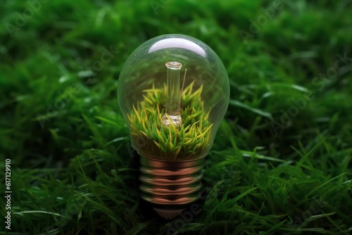 Light bulb and grass, smart energy consumption concept, digital illustration. Generative AI