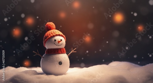 Snowman with hat and scarf, christmas concept, bokeh background. Generative AI © Deivison