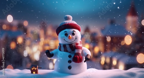 Snowman with hat and scarf, christmas concept, bokeh background. Generative AI