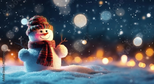 Snowman with hat and scarf, christmas concept, bokeh background. Generative AI