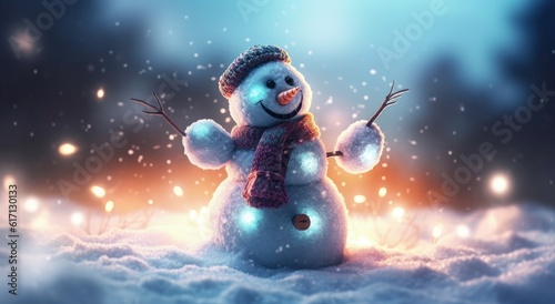 Snowman with hat and scarf, christmas concept, bokeh background. Generative AI