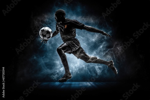 Soccer player and ball, dark background with lightning, digital illustration. Generative AI © Deivison