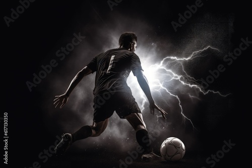 Soccer player and ball, dark background with lightning, digital illustration. Generative AI