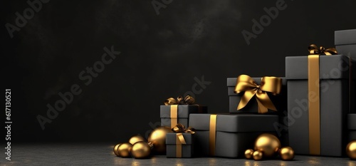 Gift boxes with golden details, black wall in the background, digital illustration. Generative AI