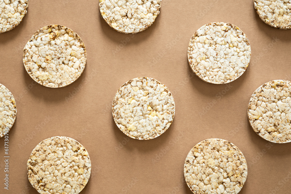 Flat lay rice cake pattern on a natural background, top view. Flat lay rice cake pattern on a natural background, top view.