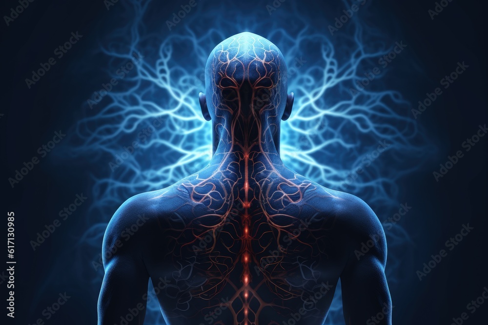 Cyborg, AI and technology concept, robot on dark blue background. Generative AI Cyborg, AI and technology concept, robot on dark blue background. Generative AI