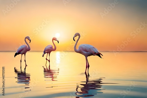 Vintage and retro collage photo of flamingos standing in clear blue sea with sunny sky summer season with cloud. 
