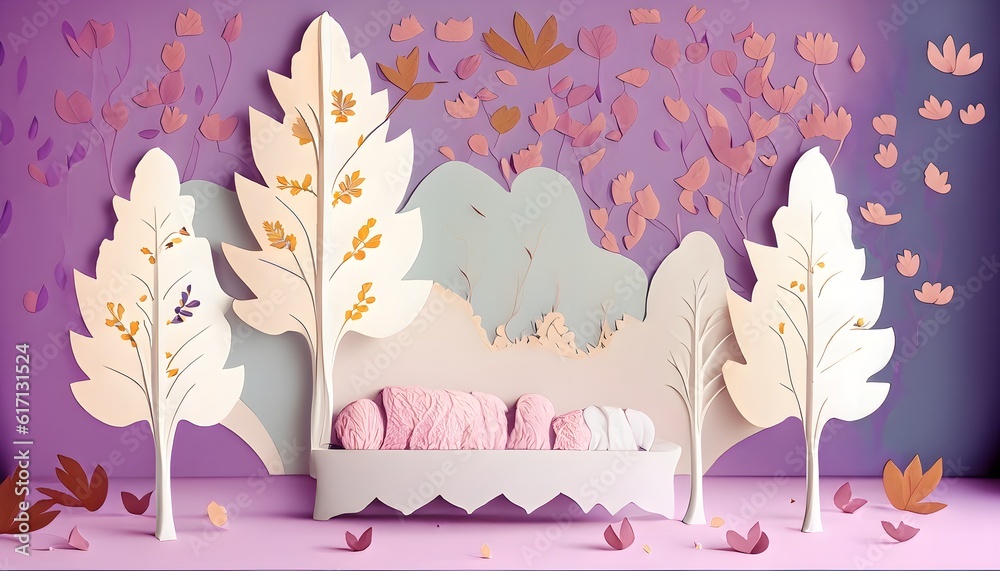**Minimalistic line art design room wallpaper, trees, leaves, autumn