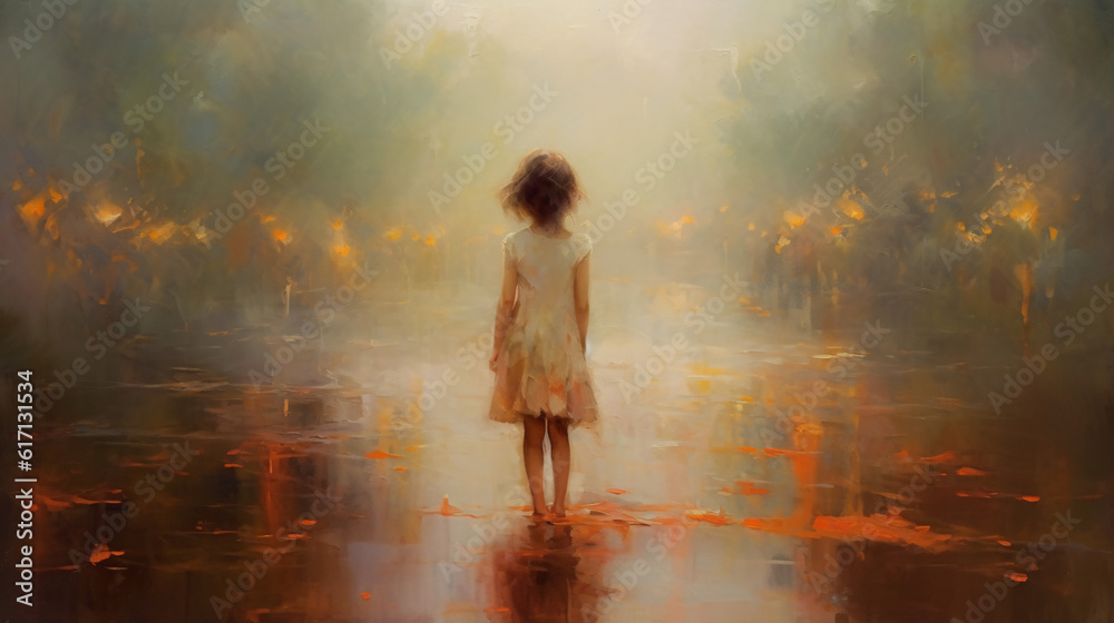 Dreamy Childhood Echoes: An Impressionistic Painting Exuding Warmth and Nostalgia, Illuminated by Soft Light, with a Solitary Little Girl Standing at the Heart of the Landscape - By Generative AI