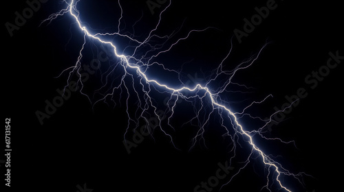 A powerful simple blue/purple lightning electrical strike or bolt on a black background