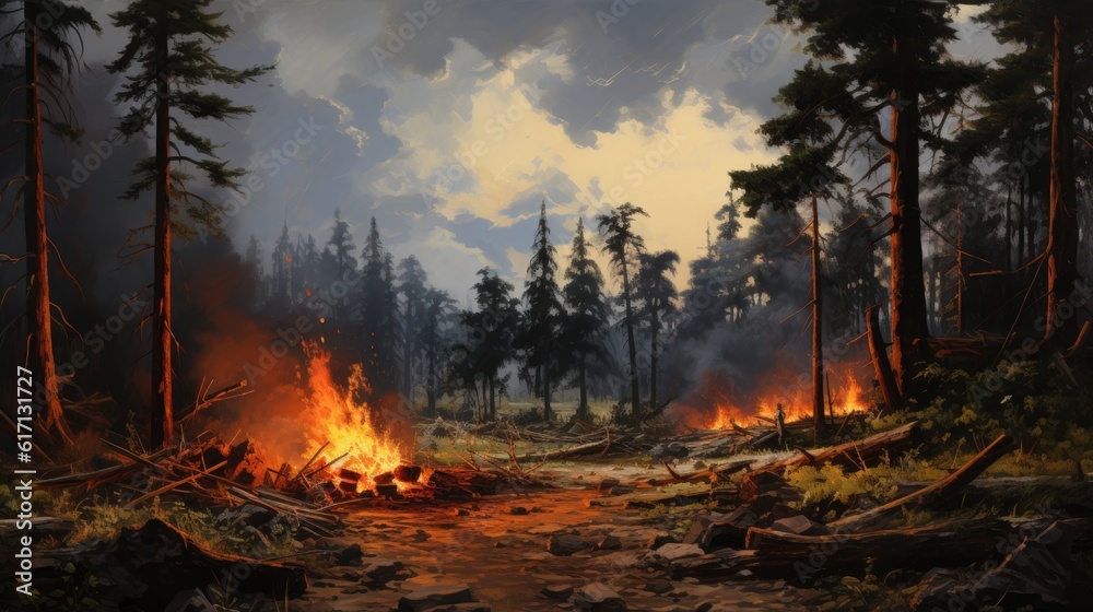 forest fire with flames and smoke in the foreground. Generative AI.