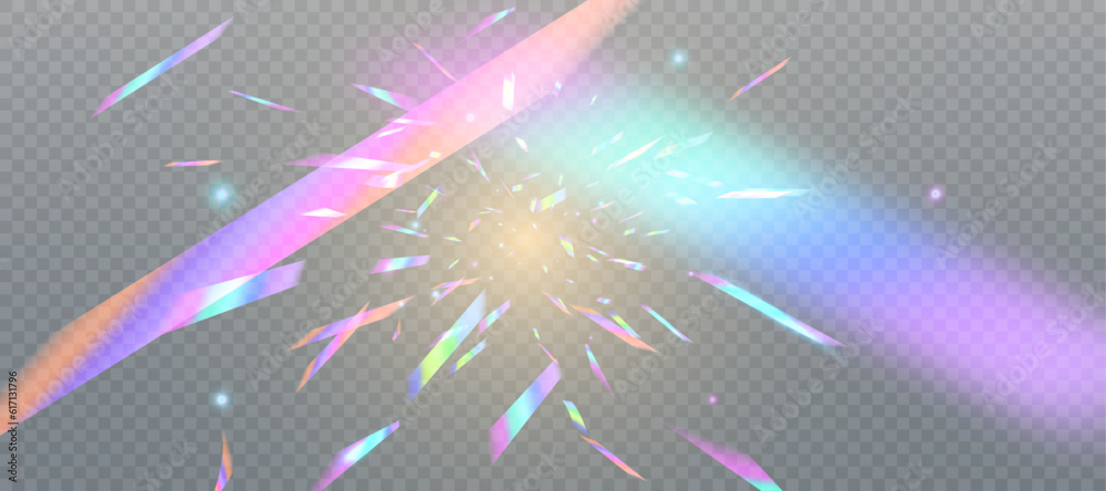 Holographic distortion of glare from flying confetti. Rainbow bokeh with a light glitch effect on a transparent background. Realistic diamond reflection, rainbow light optical effect - obrazy, fototapety, plakaty 