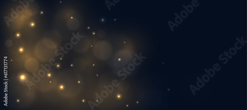 Abstract magic light dust effect with golden bokeh highlights on transparent background. Christmas lights. Glowing flying dust. Vector illustration for New Year's design.