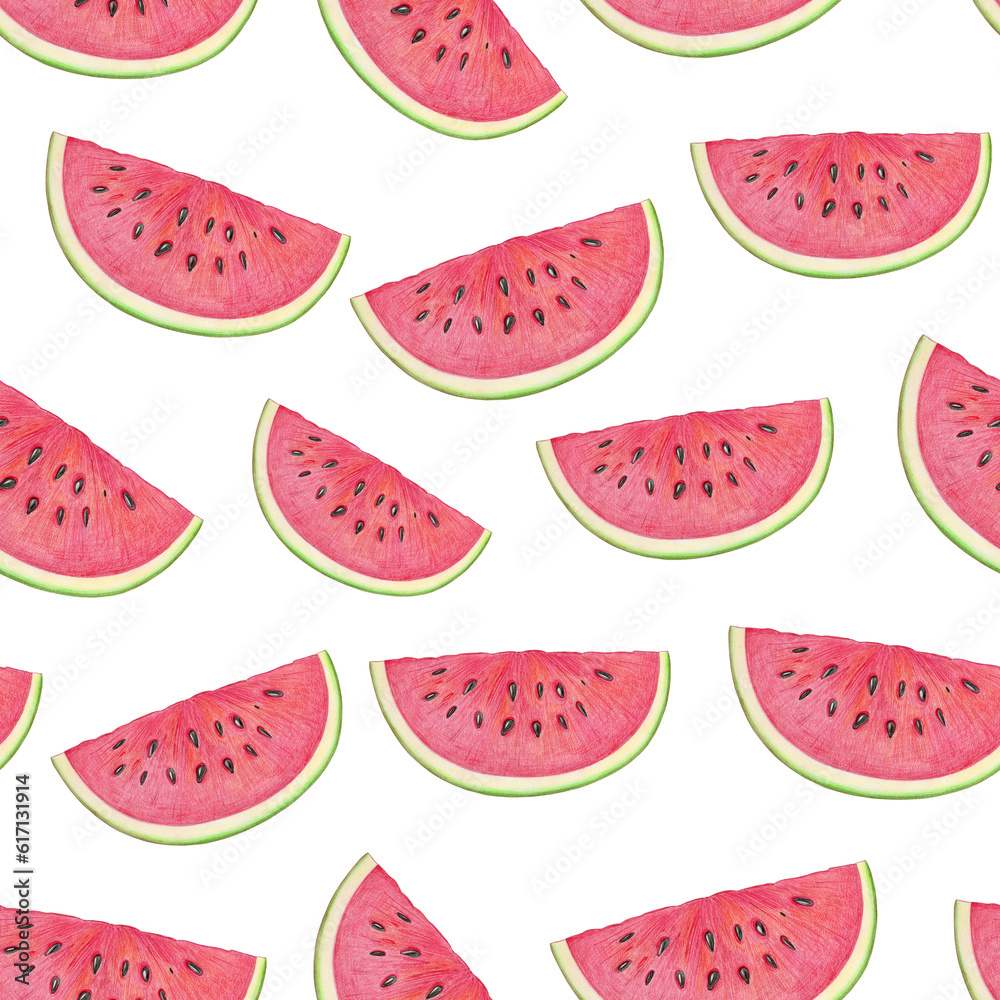 Watermelon slice seamless pattern. Drawn with colored pencils. Watermelon background. Seamless pattern with watermelons slices. Summer fruit. Watermelon slice seamless pattern. Drawn with colored pencils. Watermelon background. Seamless pattern with watermelons slices. Summer fruit.
