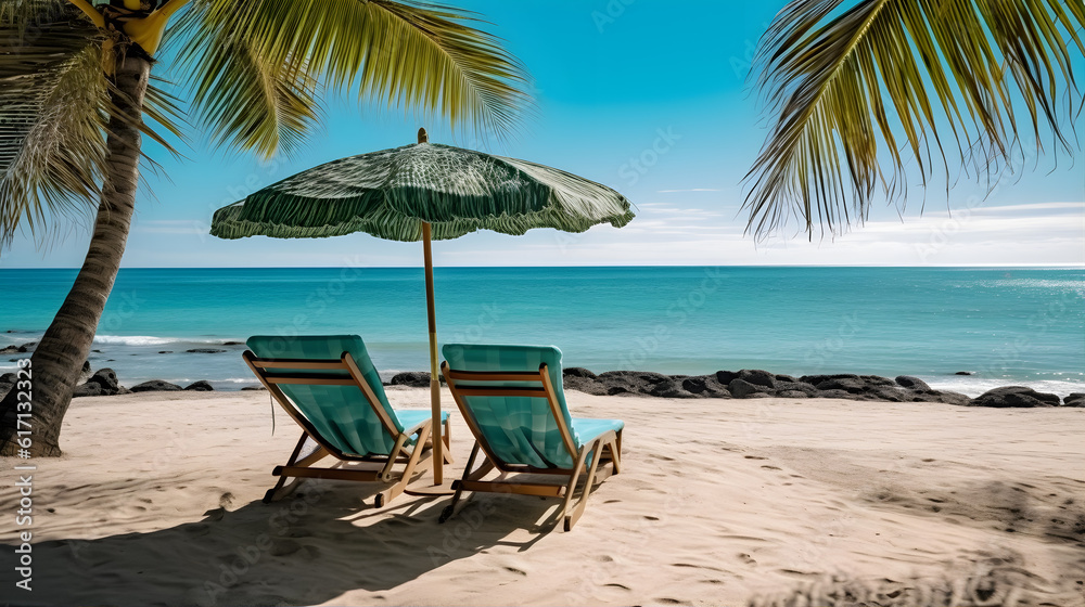 lounge chairs on the beach. sunbath by a tropical sun under the palm trees and umbrellas