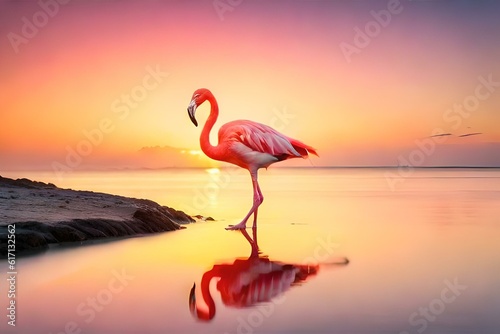 Vintage and retro collage photo of flamingos standing in clear blue sea with sunny sky summer season with cloud. 