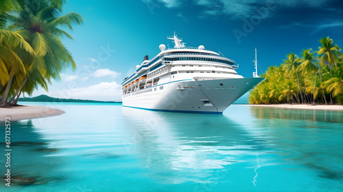 A luxurious cruise ship sailing across a crystal-clear turquoise sea, with a backdrop of palm-fringed tropical island