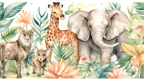 Fototapeta Naklejka Na Ścianę i Meble -  Watercolor composition with African animals and natural elements, generative AI.