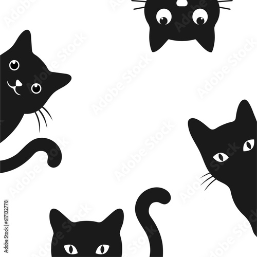 Fotobehang Illustration set of cute black cats peeking out on a white background