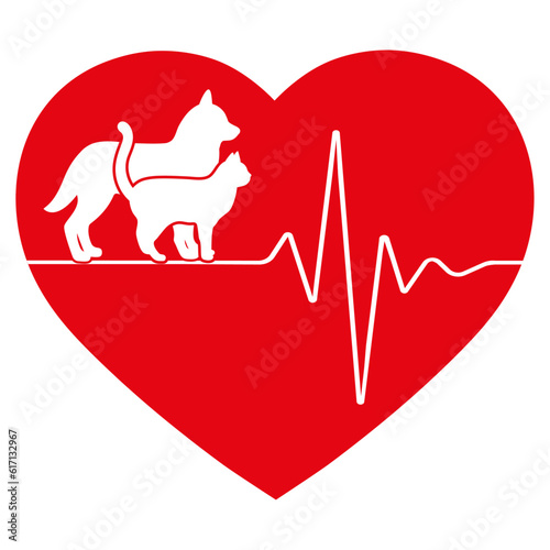 Illustration of a logo of a veterinary clinic. Pets on the background of a heart with a pulse