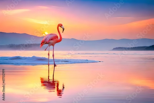 Vintage and retro collage photo of flamingos standing in clear blue sea with sunny sky summer season with cloud. 