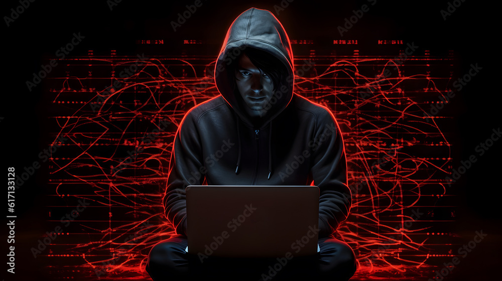 Internet privacy theft lurking in background. Anonymous hacker. Cyberpunk future. Cybersecurity breach. Generative Ai.