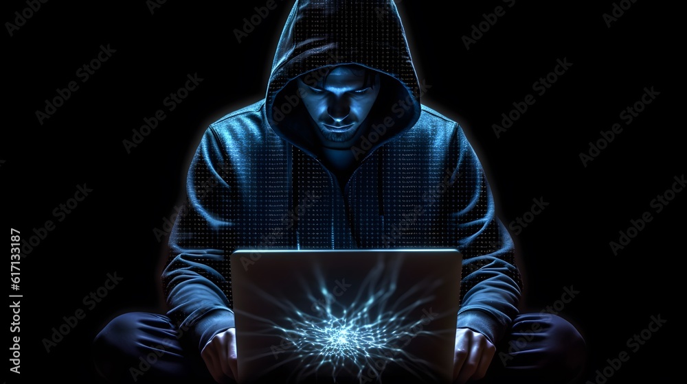 Internet privacy theft lurking in background. Anonymous hacker. Cyberpunk future. Cybersecurity breach. Generative Ai. Internet privacy theft lurking in background. Anonymous hacker. Cyberpunk future. Cybersecurity breach. Generative Ai.