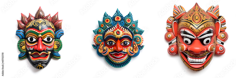 Mask design in traditional balinese motifs, indian mask, colorful cartoon, dynamic and exaggerated facial expressions on white background. Generative ai.